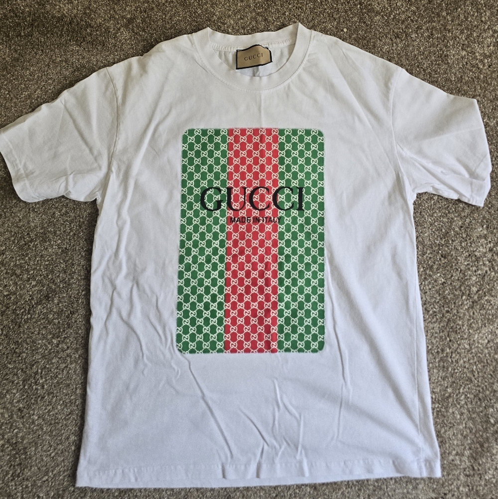 Gucci White Logo Graphic Tee with Green & Red Stripe